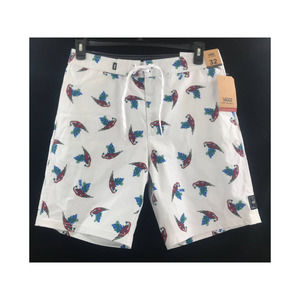 Men's white red parrot Vans 4 way stretch board shorts Size 32 inseam 9" New